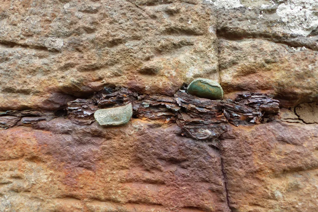 Coins wedged between rocks