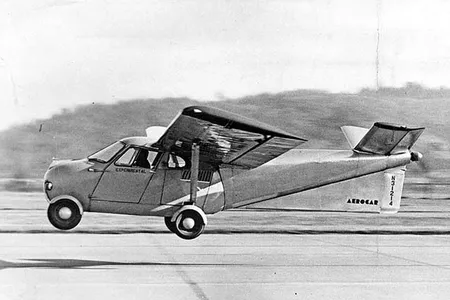 A Taylor-designed Aerocar takes off, probably at or near Longview, Washington, circa 1949.