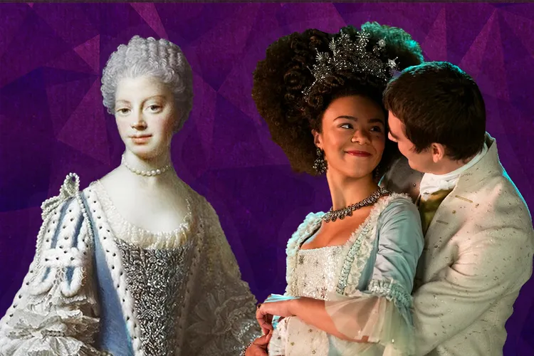 Illustration of Queen Charlotte and the actors playing Queen Charlotte and George III in the "Bridgerton" spinoff