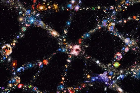 An illustration of galaxy superclusters and cosmic voids, similar to the structure of the BOSS Great Wall