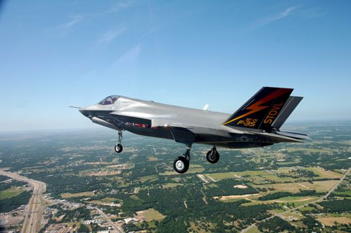 The vertical variant of the Joint Strike Fighter takes off.