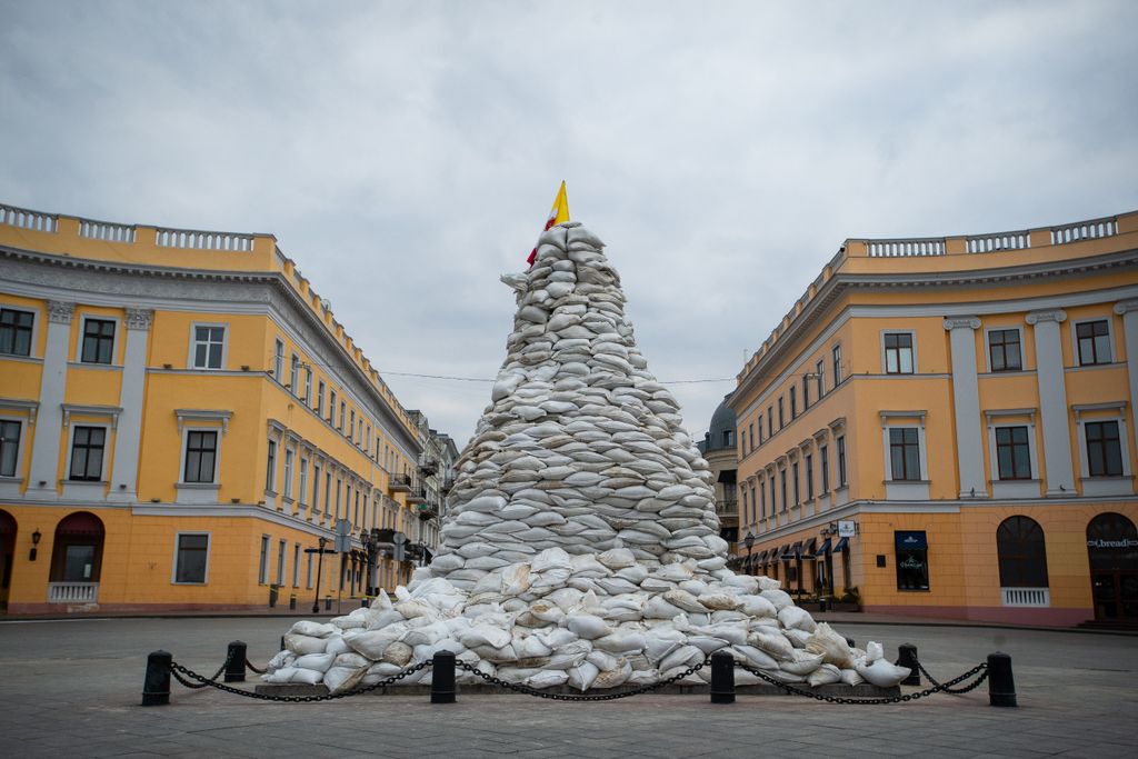 Sandbags are piled high around a statue of the Duc de Richelieu in Odessa, Ukraine, on March 14, 2022.