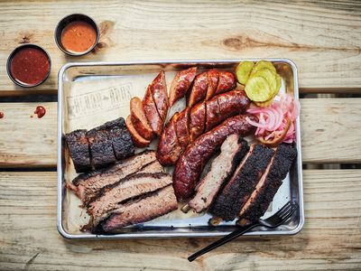 The Texas trinity of sausage, ribs and brisket, with a house blend of spices added to the crust. 