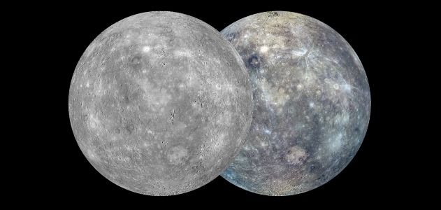 A black and white (left) and color (right) map of Mercury’s surface.