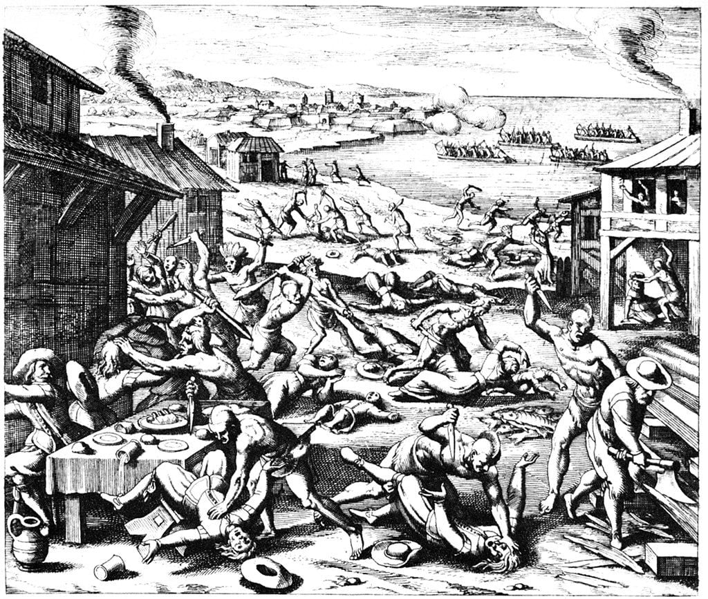 Matthäus Merian's highly exaggerated depiction of the 1622 Jamestown massacre