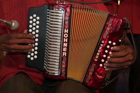 Mónico Márquez plays a Hohner button accordion with Venezuelan band Mestros del Joropo Oriental at the 2009 Smithsonian Folklife Festival.