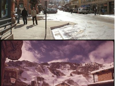 A difference of nearly four decades: at top, a ski area in Aspen, Colorado last year, captured by Ron Hoffman; at bottom, the same location in 1974, shot by Dustin Wesley.