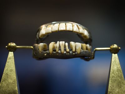 George Washington's only complete set of dentures, made out of lead, human teeth, cow teeth and elephant ivory.
 