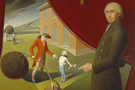 Parson Weems’ Fable by Grant Wood, depicting Parson Weems and his famous story of George Washington and the cherry tree.