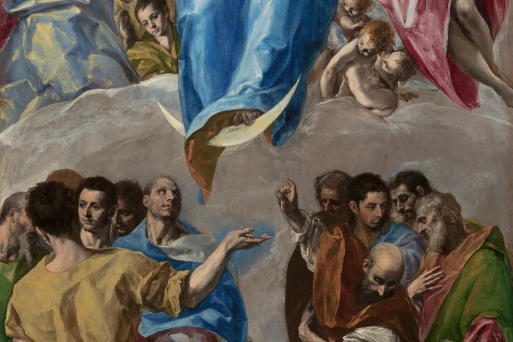 A Madonna wears a bright blue dress and stands on a sliver of a moon, rising up through a crowd of angels and people watching her in awe