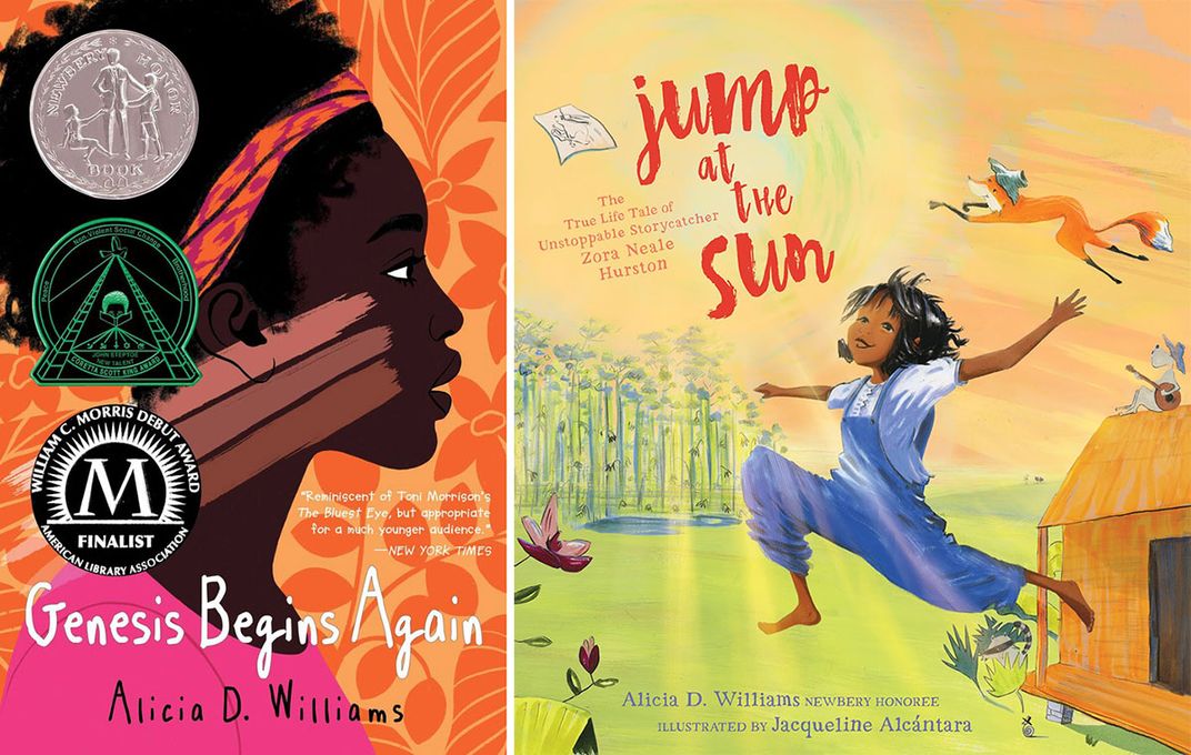 Two children’s book covers side by side. On the elft: Genesis Behinds Again, with an illustration of a young Black girl on a floral pattern background. On the right, Jump at the Sun, with an illustration of a Black girl jumping outdoors.