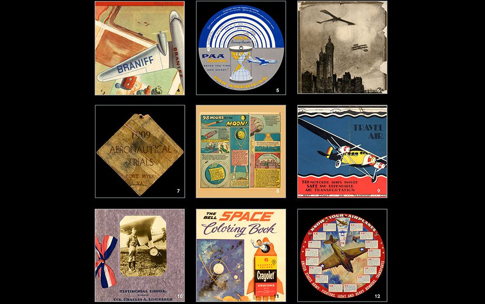 grid of ephema, including a Pan Am baggage label from 1937, a French airplane brochure from 1910, and an entrance badge from the WRight Military flyer trials