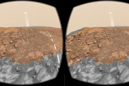 A scene from Access Mars, showing the landscape around Curiosity's position in early October 2017. Gray areas are lower resolution images taken by the navigation cameras. The dashed line indicates where the controller is pointing. Click on any spot, and you're there, at least virtually.