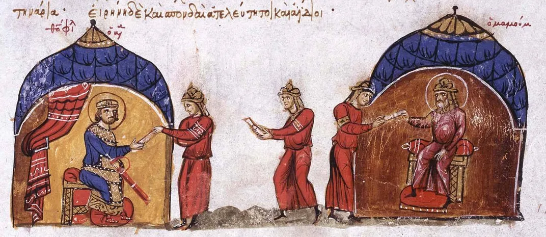 An illustration of al-Mamun sending an envoy to Byzantine Emperor Theophilus