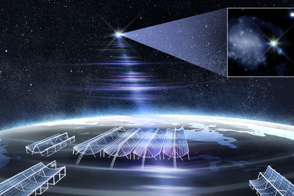 an illustration of a radio burst in space over telescopes on Earth