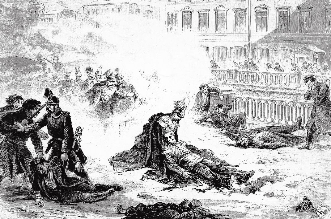 A drawing depicting the 1881 assassination of Alexander II