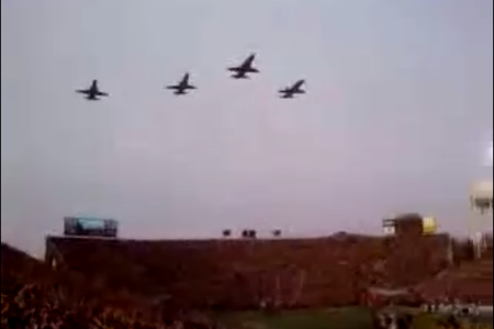Iowa Hawkeye fly over football game