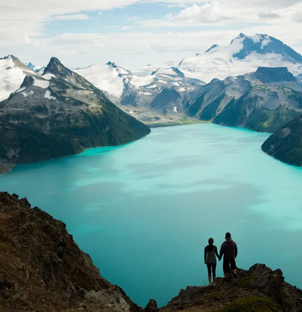 Small Groups, Big Experiences (a couple standing in silhouette atop a mountain overlooking a lake)