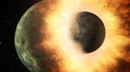 An artist’s conception of the massive collision that would have produced the moon roughly 4.5 billion years ago.