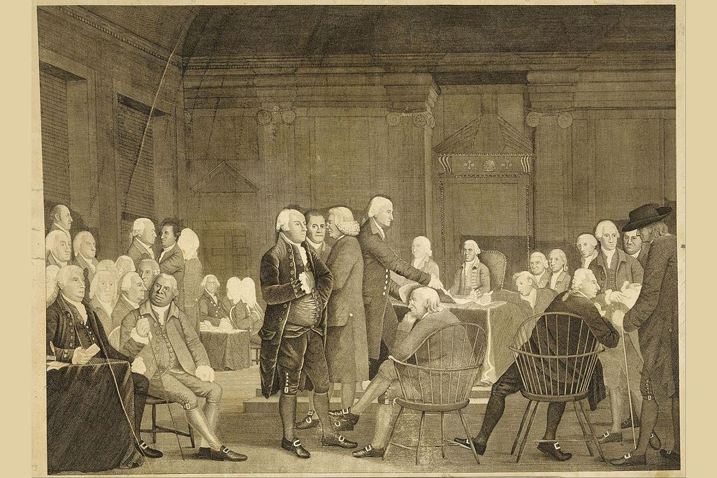 An engraving by Edward Savage, after Robert Edge Pine's 1784-1788 painting Congress Voting Independence