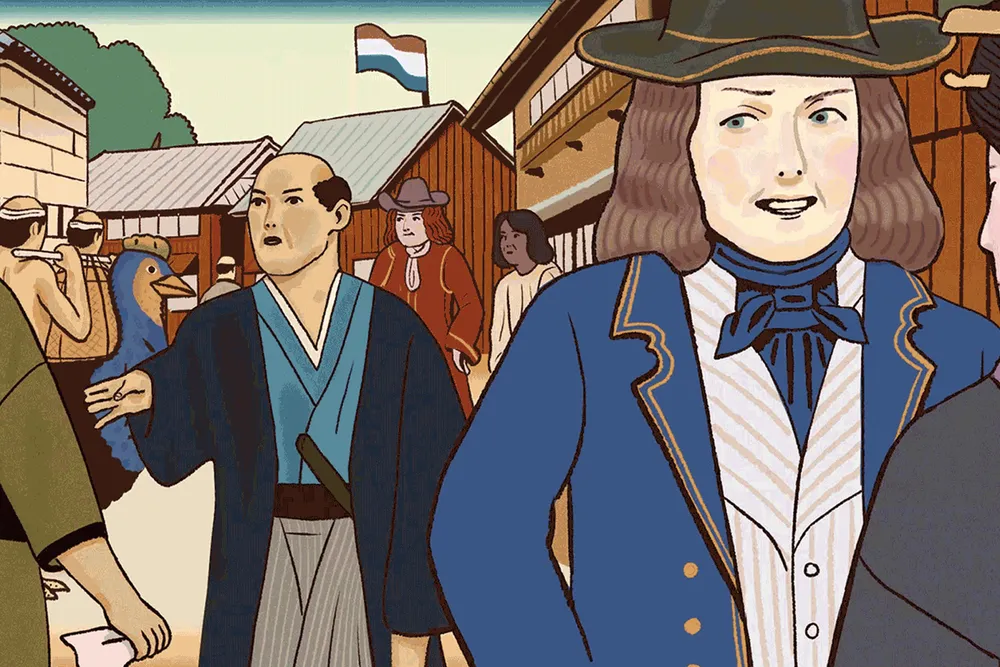 Illustration of Japanese and European people on the island of Dejima
