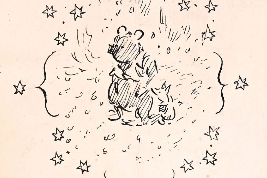 Black sketch of Winnie-the-Pooh against white backdrop