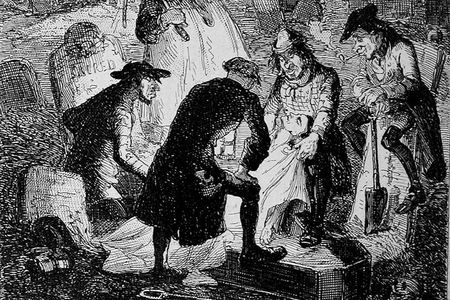 An 1887 illustration by British artist Hablot Knight Browne of “resurrectionists” stealing dead bodies from a graveyard.
