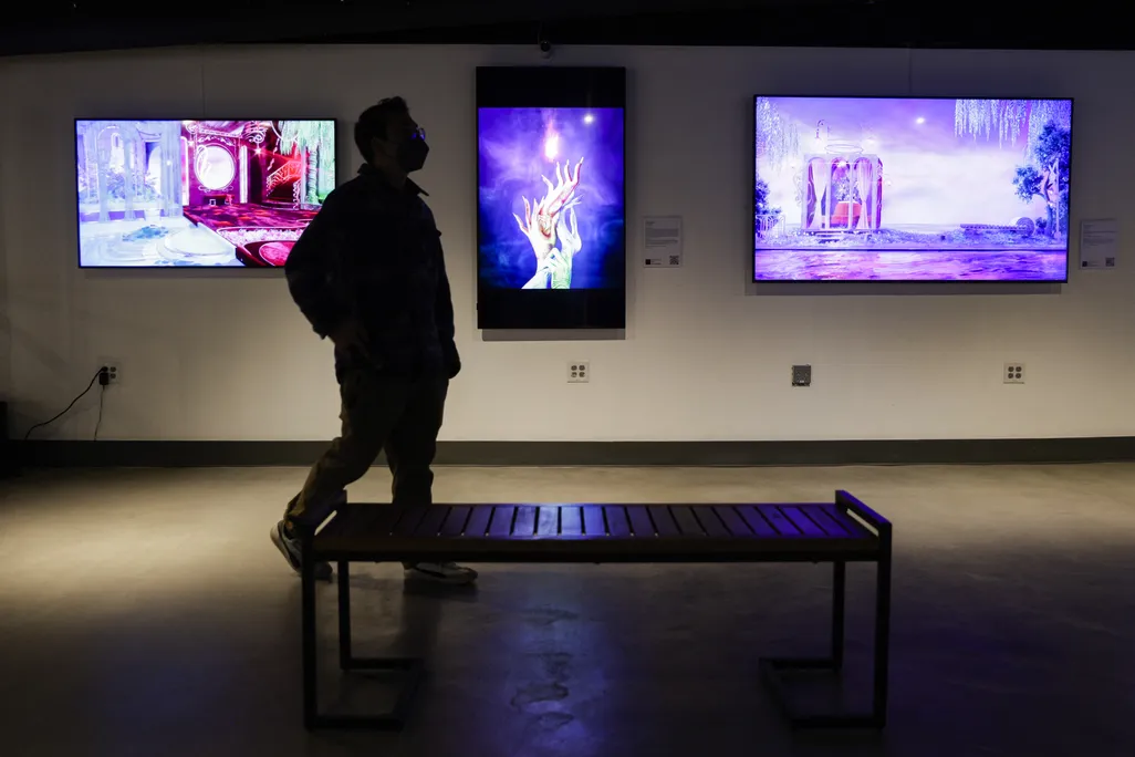 A visitor at the Seattle NFT Museum in Washington