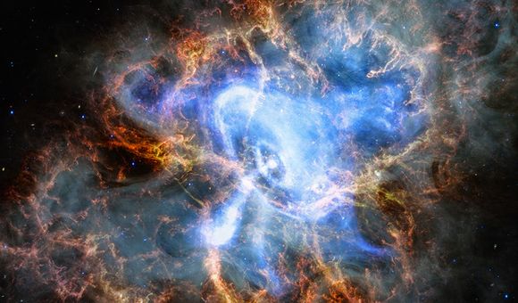 A stunning composite images of stars appearing in a crab formation deep in space