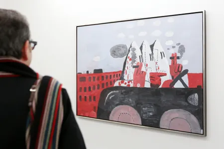Many of Philip Guston's later works, including Riding Around (1969), depict distorted, cartoon-like figures performing everyday activities while wearing Ku Klux Klan robes.