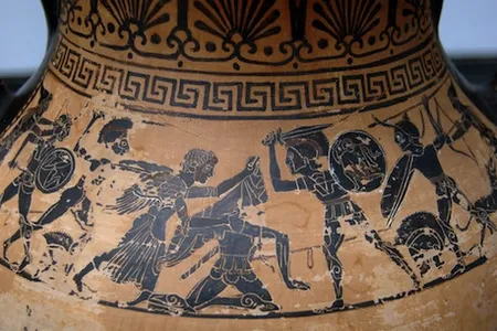 Aphrodite rescuing her son Aeneas, wounded in fight, scene from The Iliad. Work on display in the Staatliche Antikensammlungen.