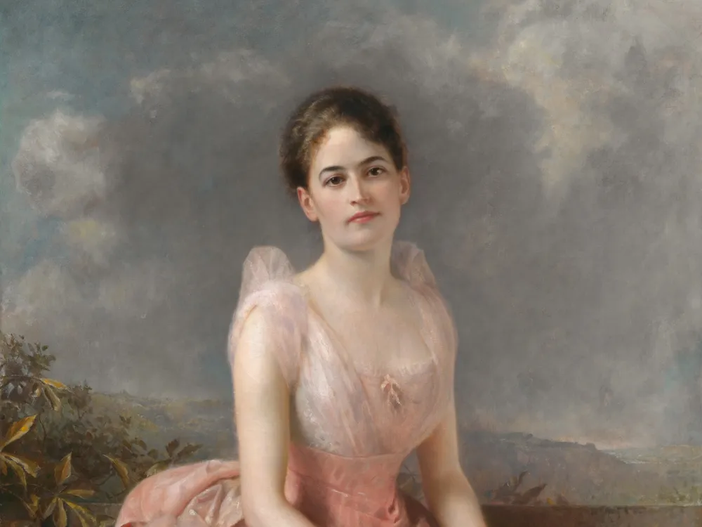 Painted portrait of Juliette Gordon Low seated with her hands resting in her lap.