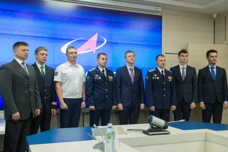 The new cosmonaut candidates, from left: Aleksandr Grebenkin, Kirill Peskov, Evgeny Prokopiev, Oleg Platonov, Aleksandr Gorbunov, Sergei Mikaev, Aleksei Zubritsky, and Konstantin Borisov.