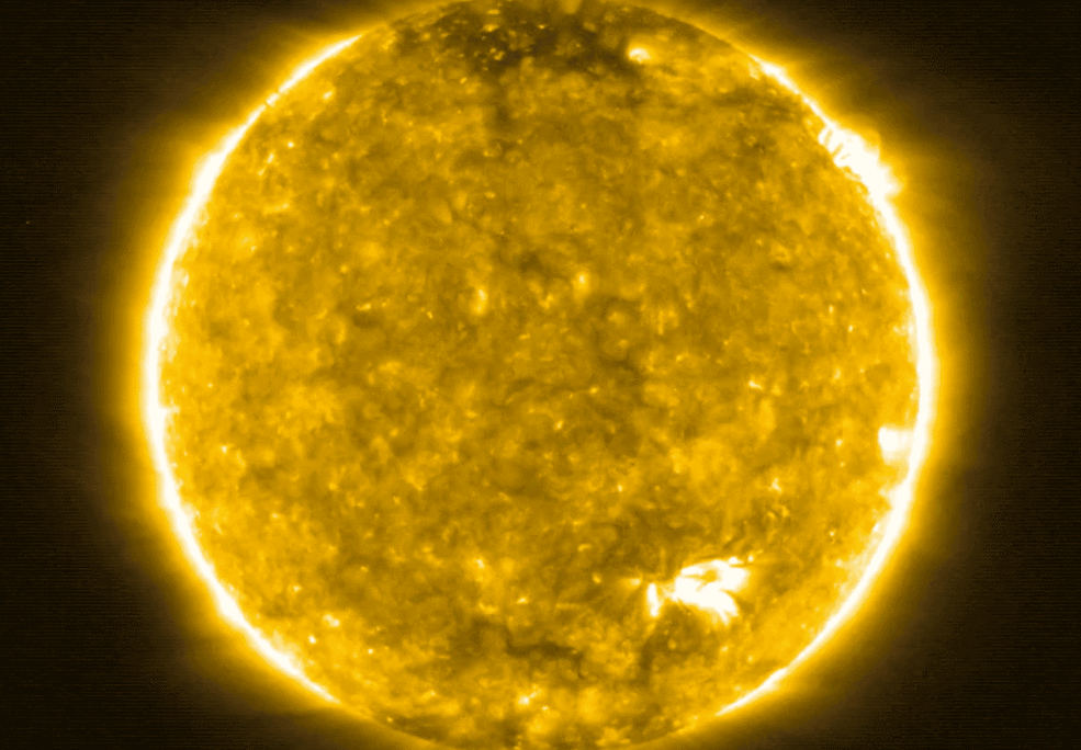 An animated series of images from NASA showing up-close shots of the sun's surface, in swirls of gray and yellow