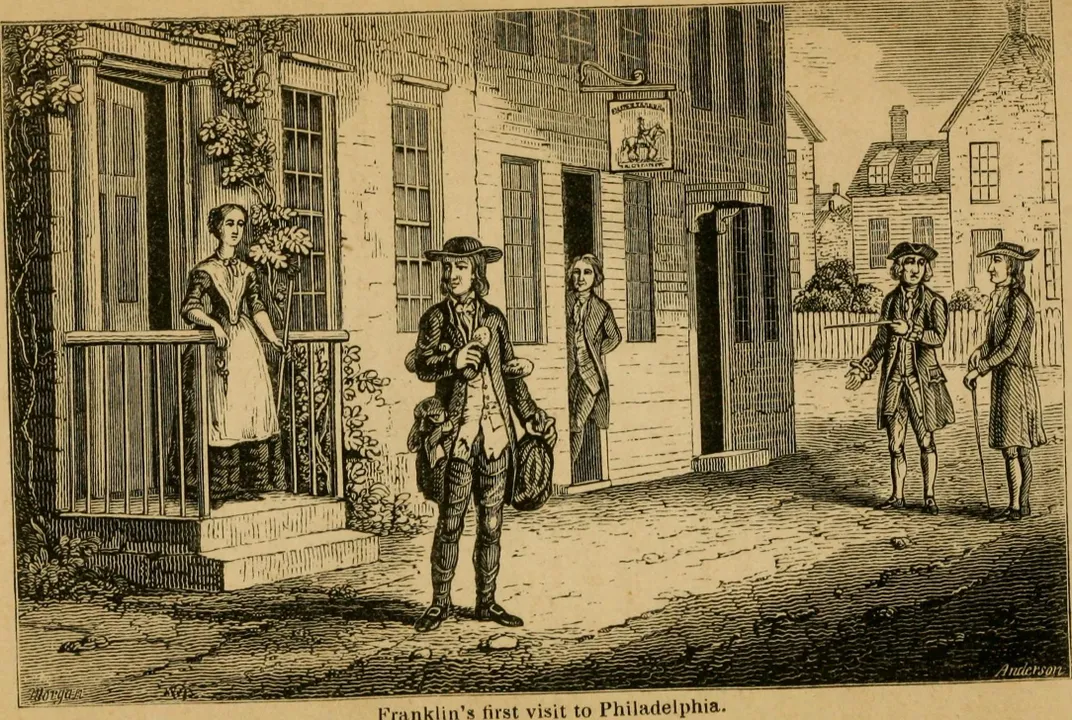 A drawing of Franklin's first visit to Philadelphia, circa 1723