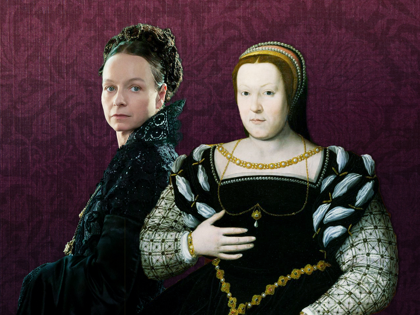 Illustration of Samantha Morton as Catherine de' Medici and the queen herself in a portrait by Santi di Tito