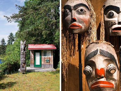 From left: A pole on the grounds of a waterfront home on Haida Gwaii; wooden masks carved by the Kwakwaka’wakw First Nation on display at the U’mista Cultural Centre in Alert Bay, off Vancouver Island.