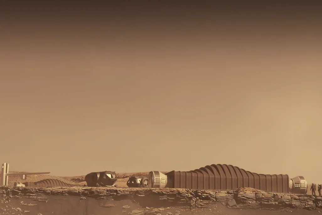 An image of a rendering of a habitat on the surface of plant Mars. The photo has a sepia tone and shows a habitat situated on a desert like surface.