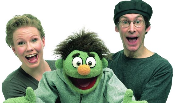 Jennifer Barnhart and Rick Lyon with the Avenue Q puppet, Nicky. Barnhart and Lyon will speak at a Smithsonian Associates event on April 27.