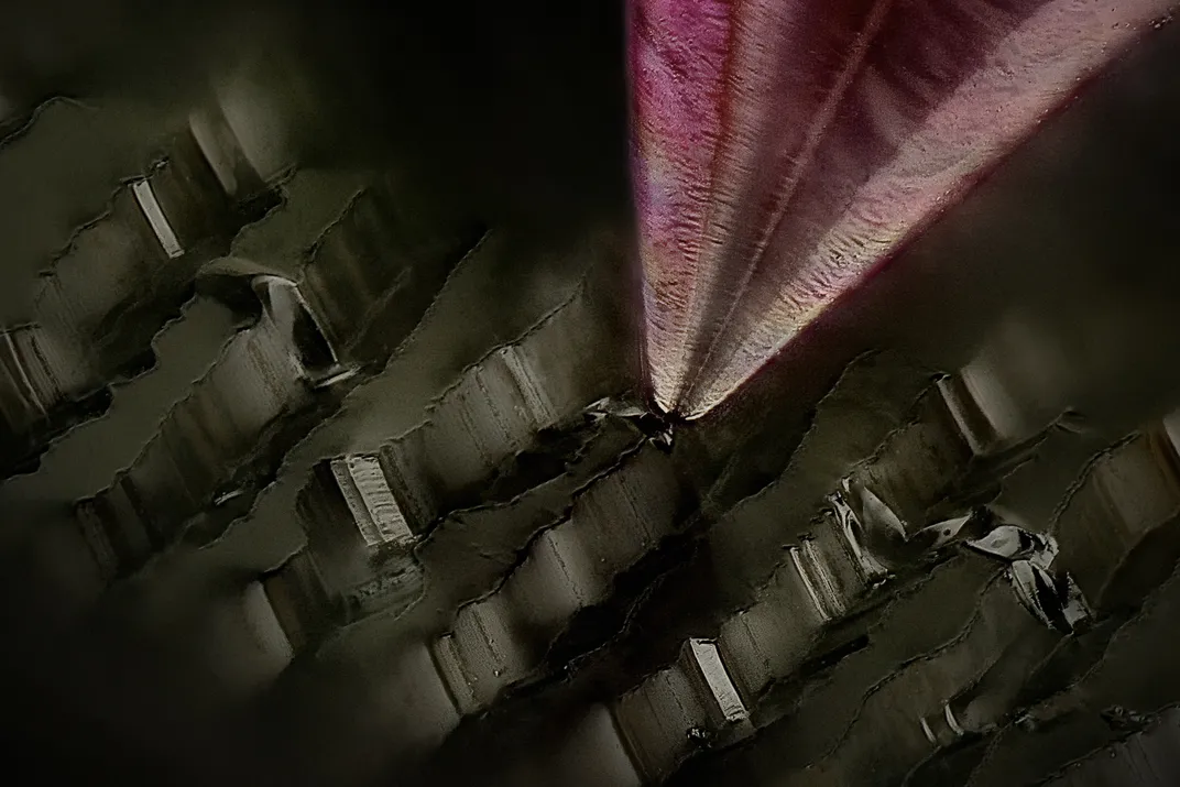 Pointy object touches black ridges