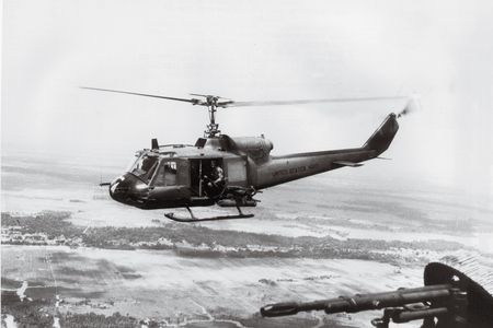 Two Bell UH-1Bs, flown by the Navy’s lone helicopter attack unit in Vietnam, patrol the country’s south on a 1967 mission to support Navy SEALs.