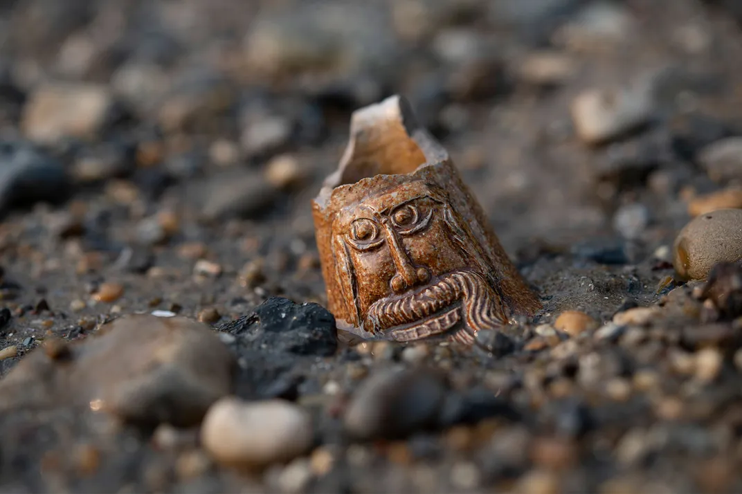 A 16th- or 17th-century stoneware bottle uncovered on the foreshore of the River Thames