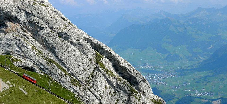  View of Mt. Pilatus and the <i>Pilatus Railway</i>, the world's steepest cogwheel railway (lower left) 