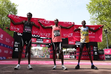 Left to right: Ethiopia's&nbsp;Yomif Kejelcha placed second, Kenya's&nbsp;Sabastian Sawe placed first, and Uganda's&nbsp;Jacob Kiplimo placed third