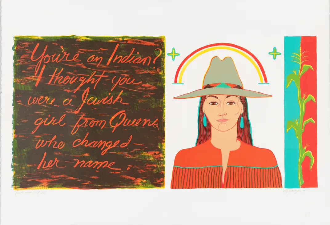 A self-portrait of artist Kay WalkingStick as a young woman overlaid with a quote that perpetuates erasure of Native Americans