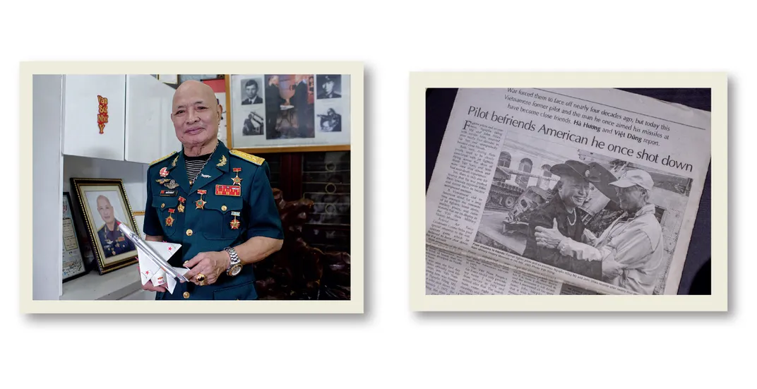 one photo of a pilot holding a model plane next to a newspaper clipping.