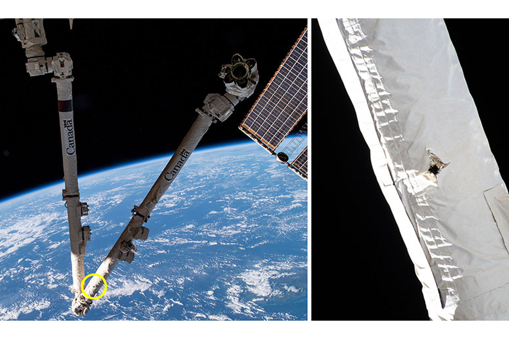 Two photos show the robotic arm with Earth in the background, and a close-up shows the small hole in the white thermal blanket on the arm