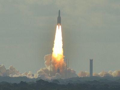 An Ariane 5 rocket launches from the Guiana Space Center in Kourou, French Guiana.
