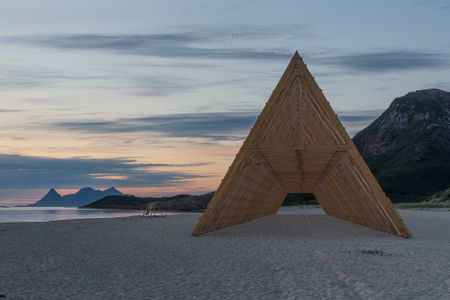 Sculpture inspired by traditional Norwegian fiskehjeller (fish racks) and designed by Rintala Eggertsson Architects