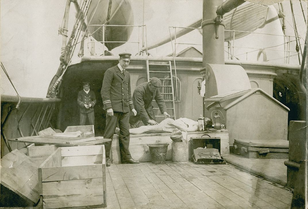 The body of a Titanic victim aboard the rescue vessel Minia​​​​​​​